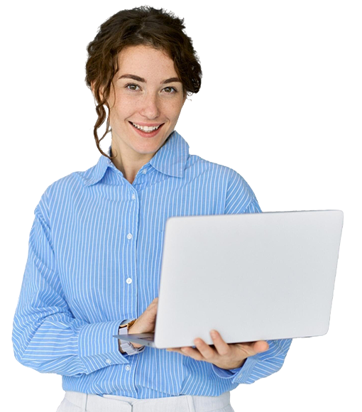 smiling woman standing with a laptop