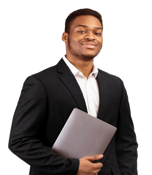 smiling man standing and holding a laptop