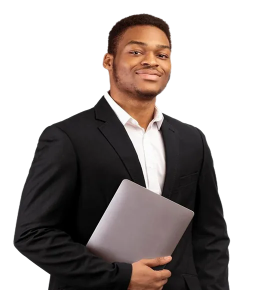 smiling man standing and holding a laptop