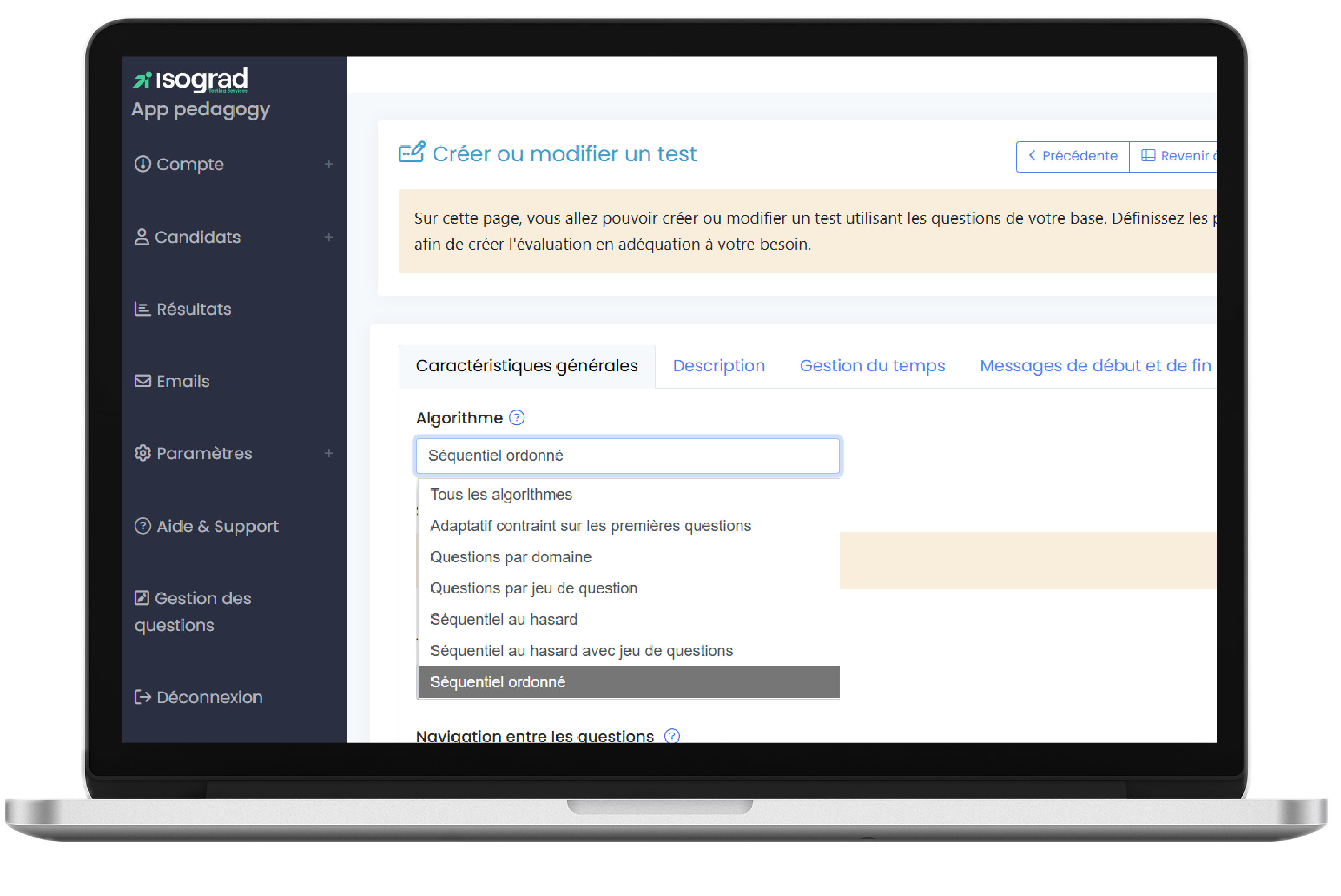 Test creation and security interface