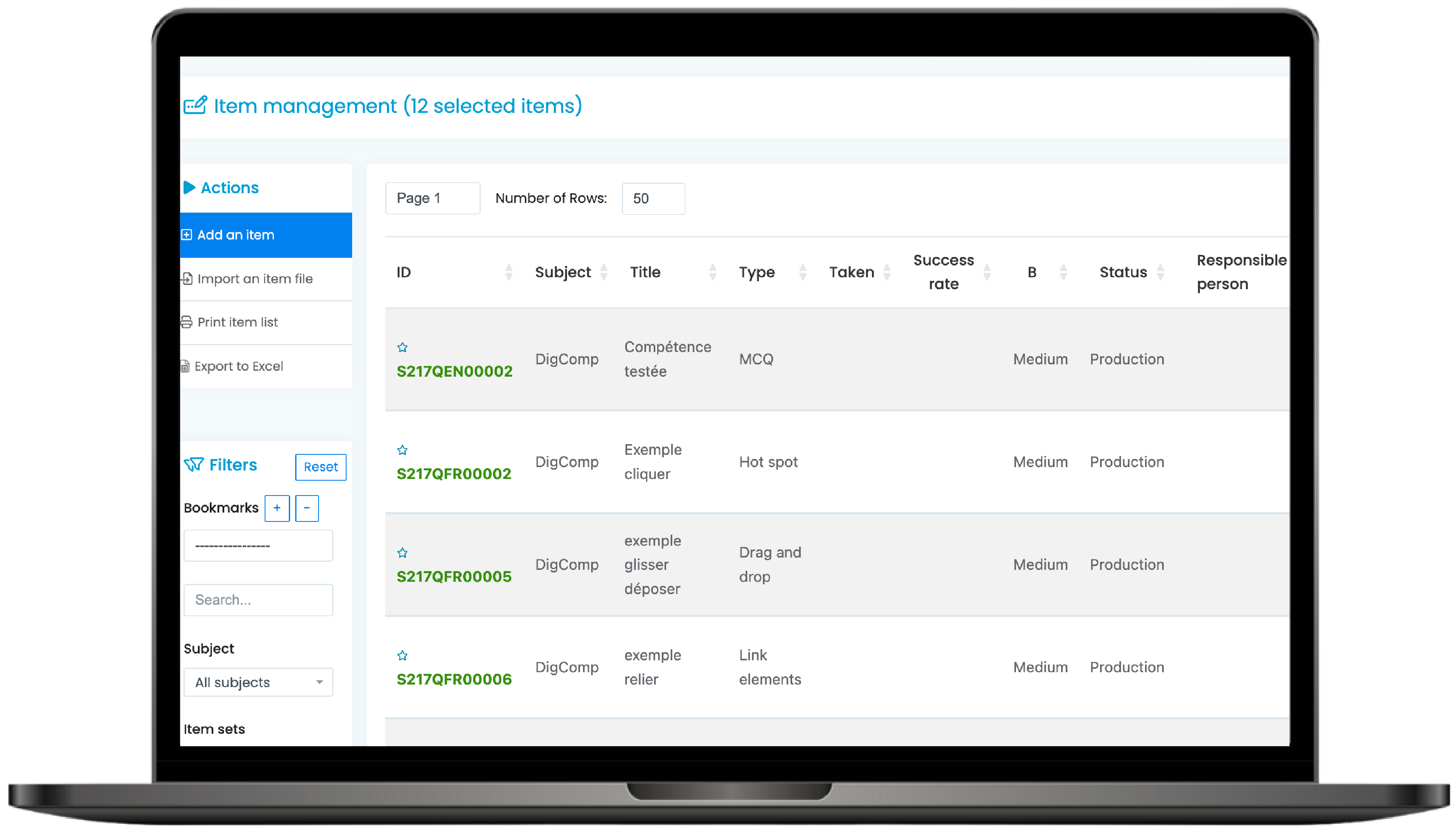 Test platform for creating exams