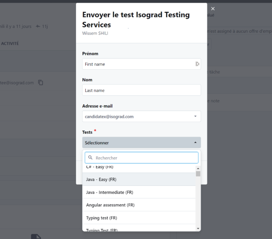 Invite candidate to a test step 2